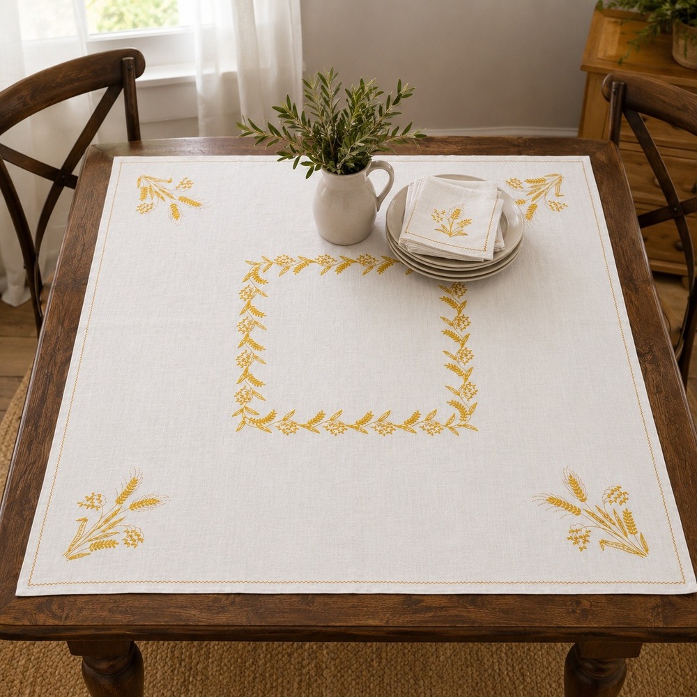 Vintage Linen Tablecloth & 4 Napkins Gold Floral Wheat Embroidered 37x38 Set 70s